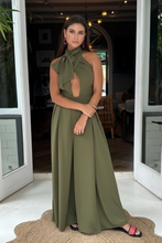 Military Green Tie neck Flair jumpsuit