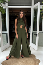 Military Green Tie neck Flair jumpsuit