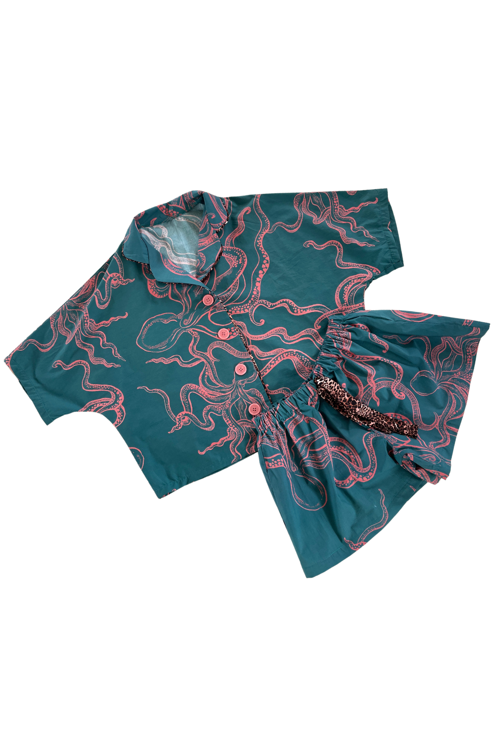 Octopus Two Piece Pajama Set Coral on Teal with Animal print