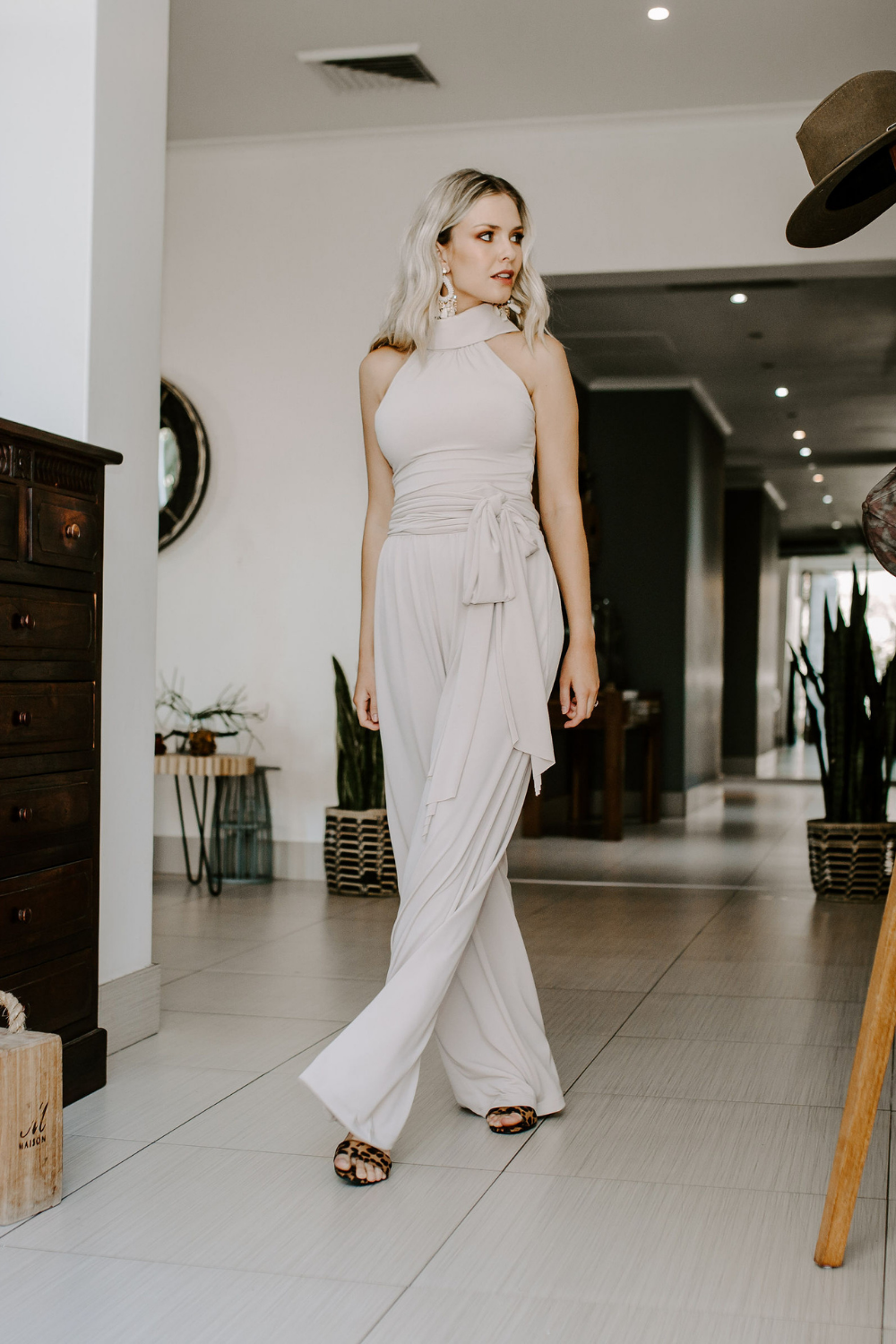 White jumpsuit high 2024 neck