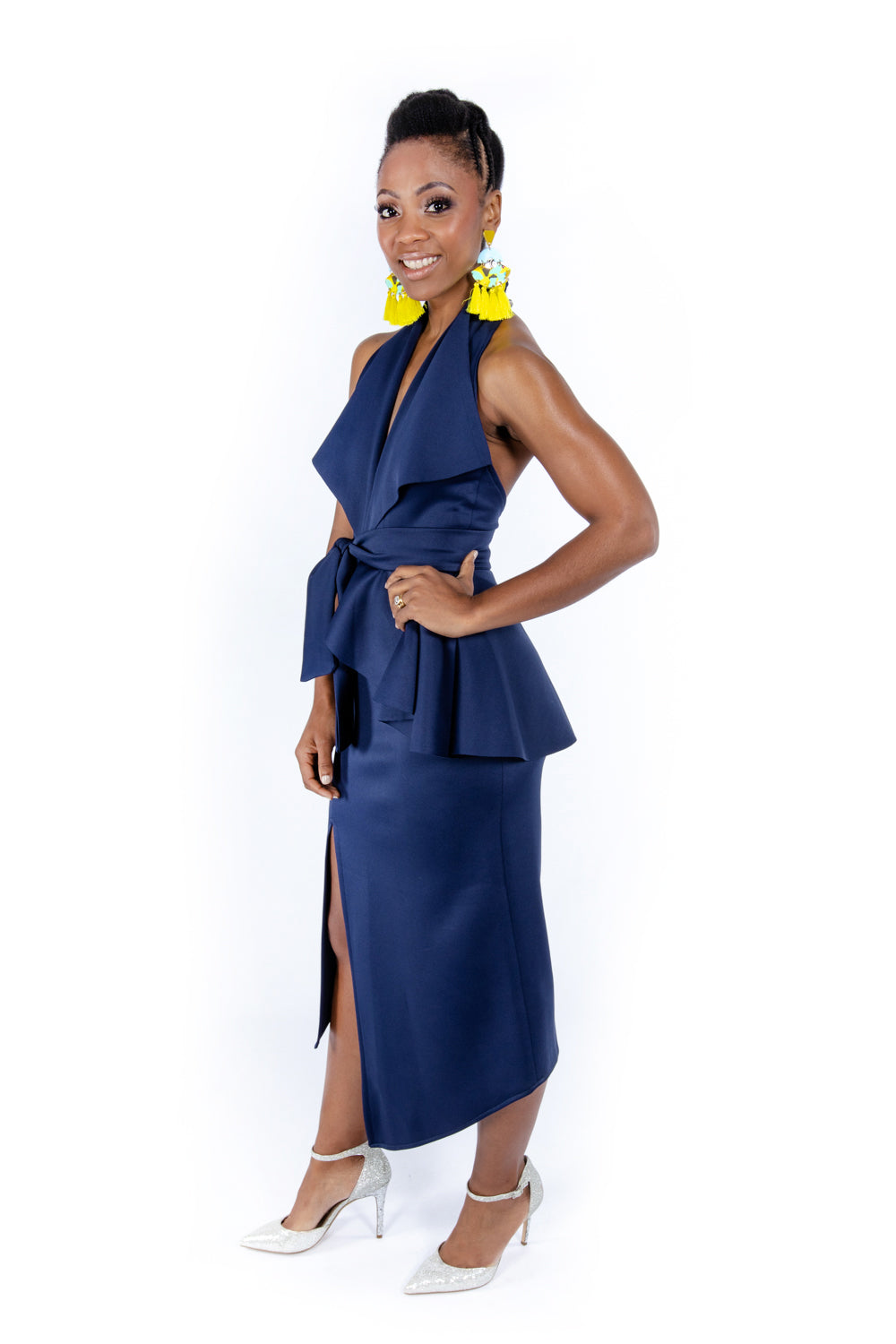 Navy frill dress sale