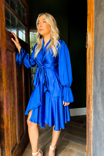 Cobalt Satin Wrap Dress