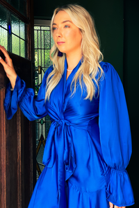 Cobalt Satin Wrap Dress